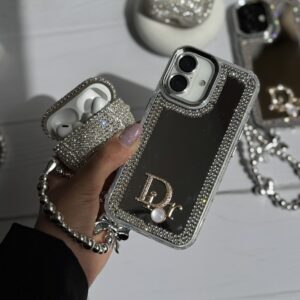 قاب Dior آینه ای دور نگین با آویز قلبی پاپیونی (کدC1989)